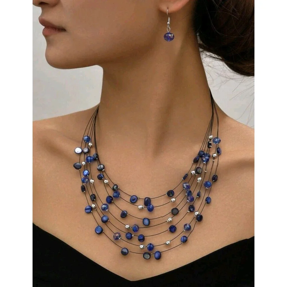 Shein Women's Multilayer Crystal Necklace & Earrings Set Blue & Silver New w/Tag